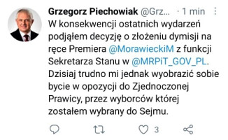 Piechowiak złożył dymisję, ale nie opuści Zjednoczonej Prawicy? 