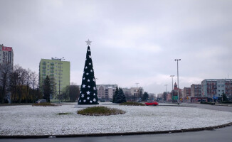 Pierwszy śnieg i biała choinka na rondzie 